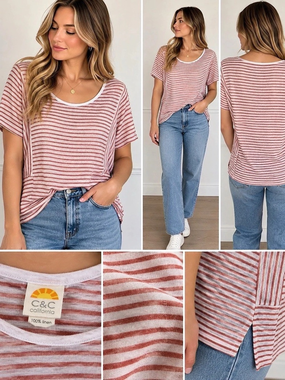 C&C California Striped Linen Tee in Red & White Size Medium Like New